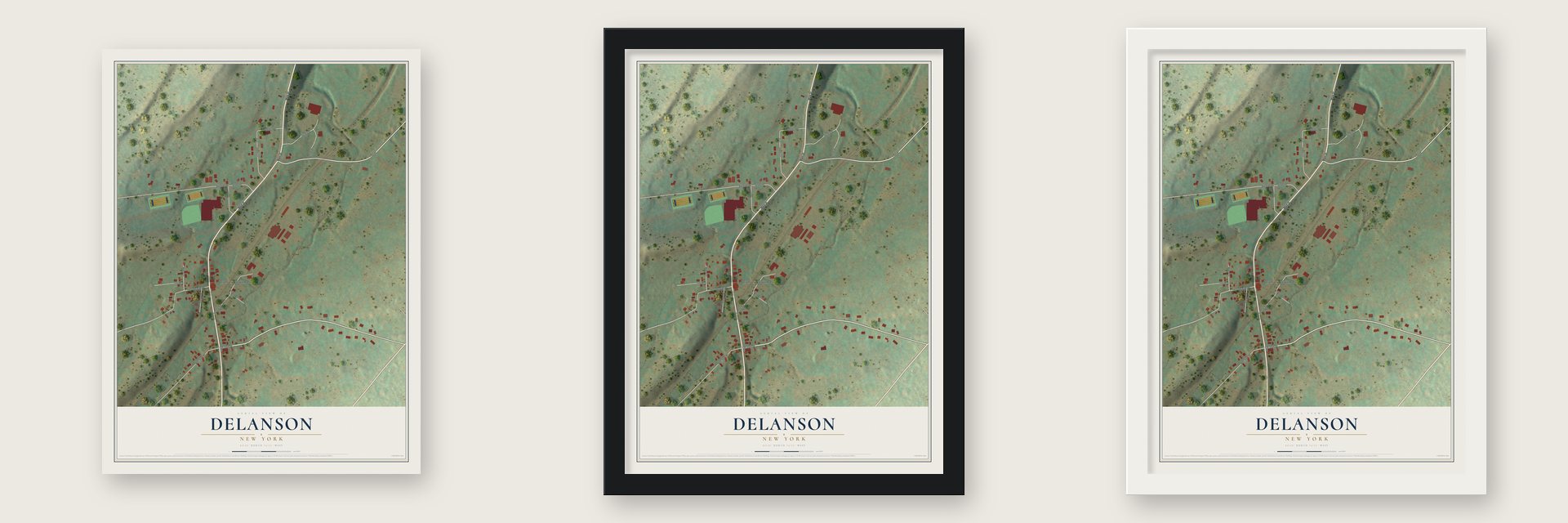 Delanson, New York map unframed, in a black wood frame and in a white wood frame