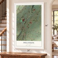 Delanson, New York map, 24 x 36 inch print in a white frame by a staircase