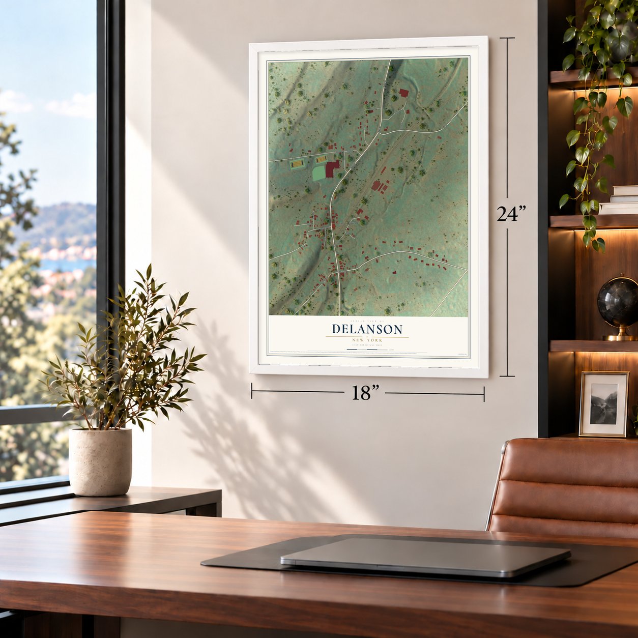 Delanson, New York map, 18 x 24 inch print in a white frame in a home office