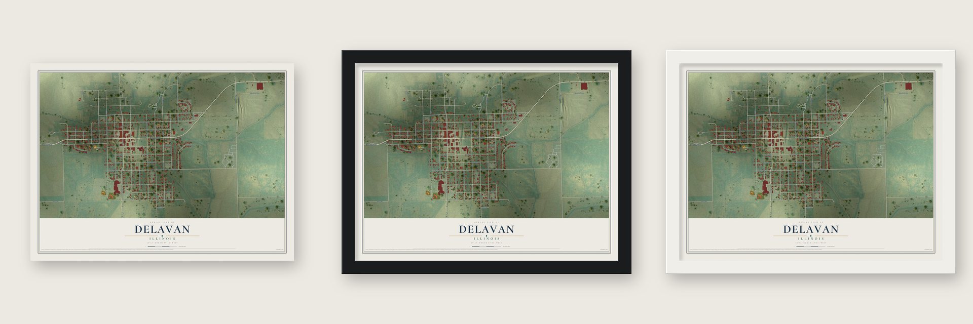 Delavan, Illinois map unframed, in a black wood frame and in a white wood frame
