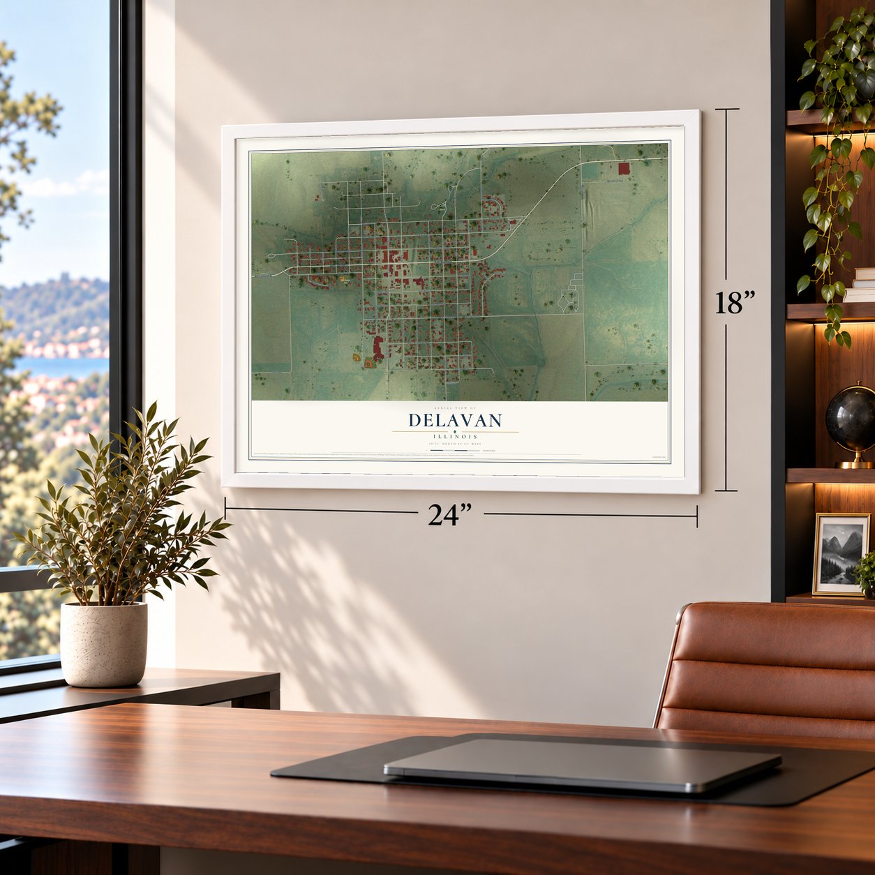 Delavan, Illinois map, 18 x 24 inch print in a white frame in a home office