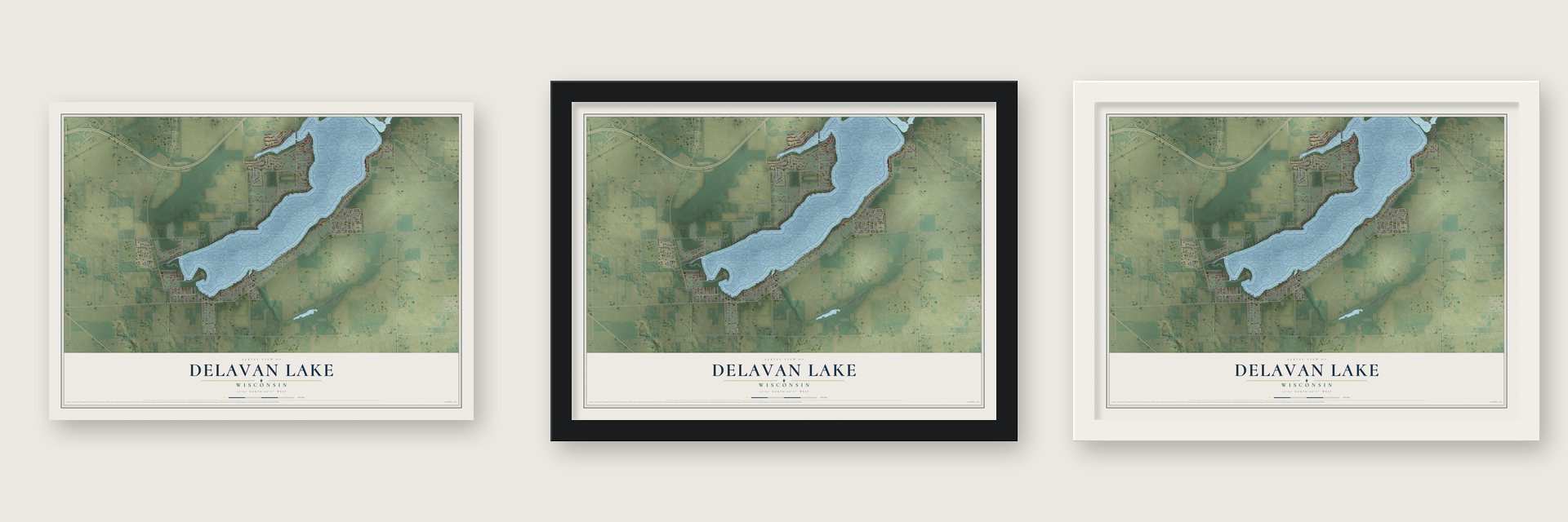 Delavan Lake, Wisconsin map unframed, in a black wood frame and in a white wood frame