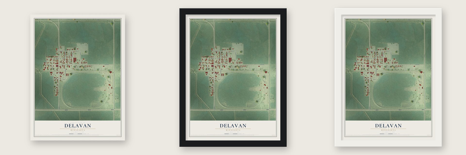 Delavan, Minnesota map unframed, in a black wood frame and in a white wood frame