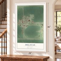 Delavan, Minnesota map, 24 x 36 inch print in a white frame by a staircase
