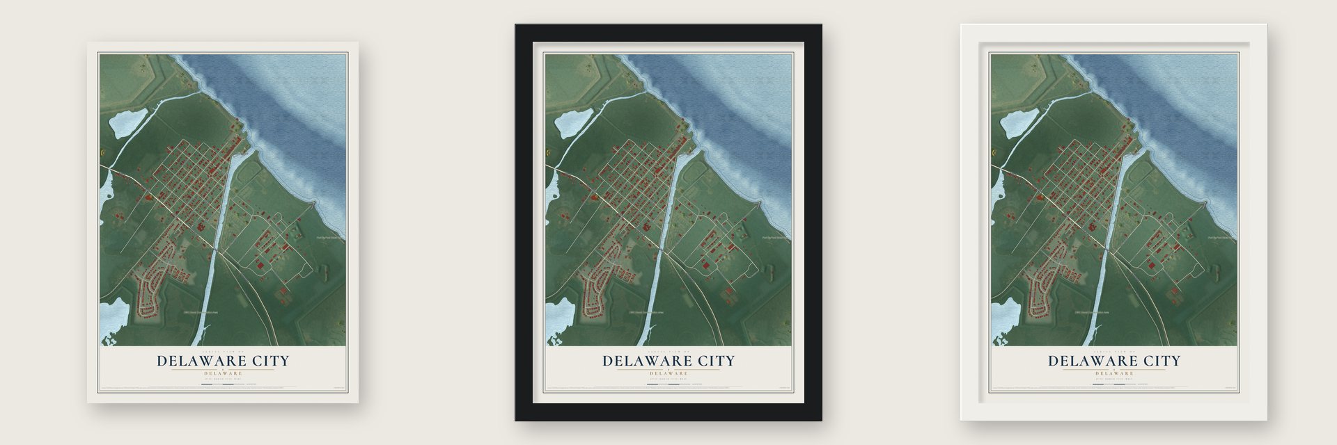 Delaware City, Delaware map unframed, in a black wood frame and in a white wood frame