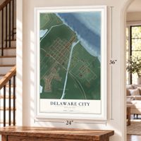 Delaware City, Delaware map, 24 x 36 inch print in a white frame by a staircase