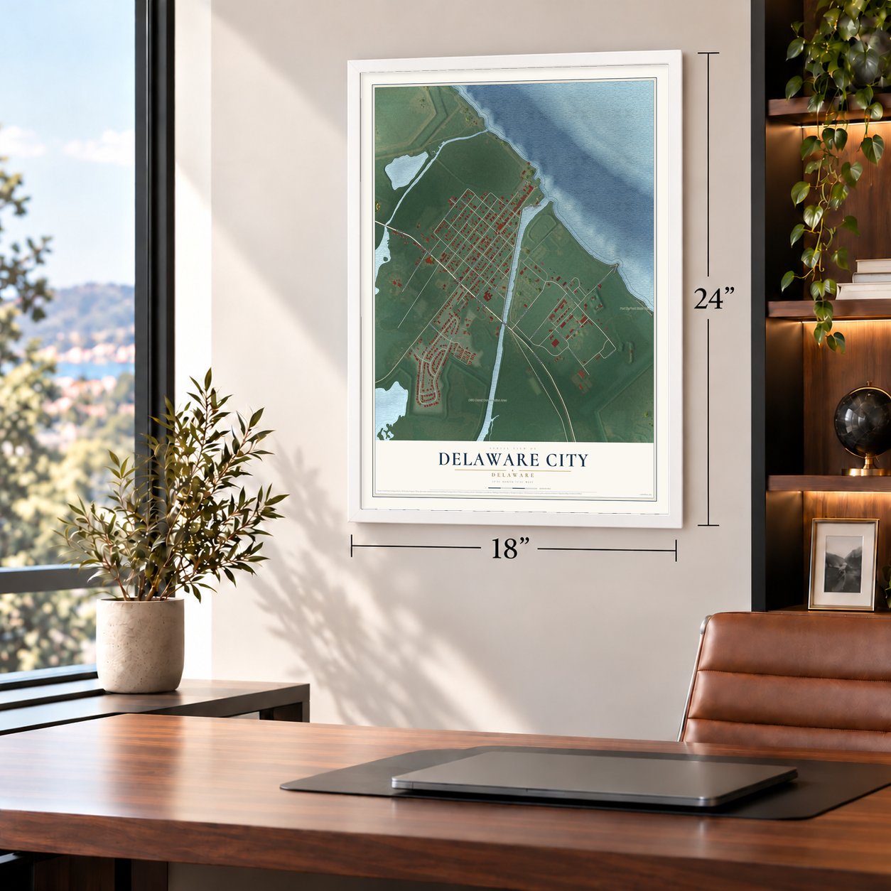 Delaware City, Delaware map, 18 x 24 inch print in a white frame in a home office