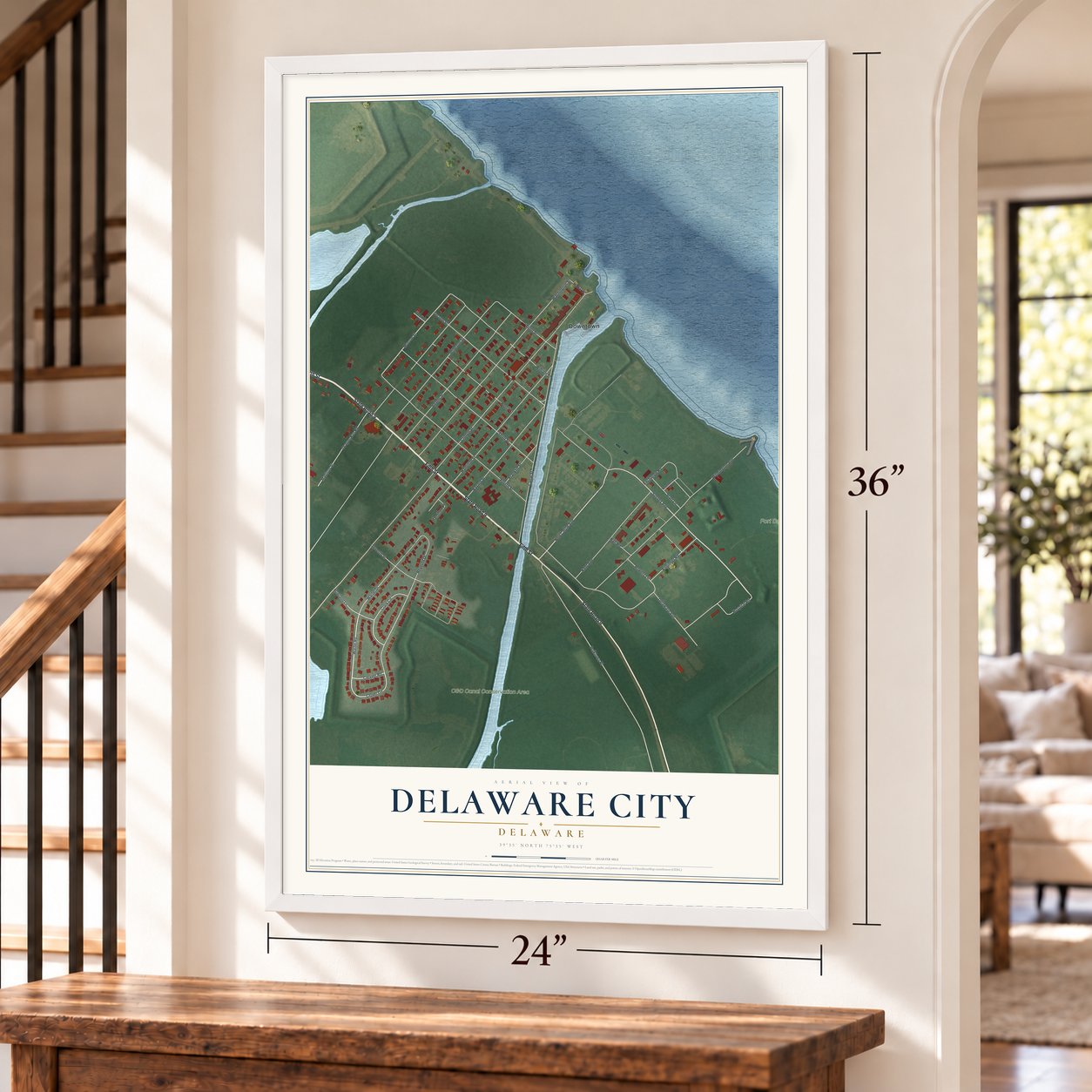 Delaware City, Delaware map, 24 x 36 inch print in a white frame by a staircase