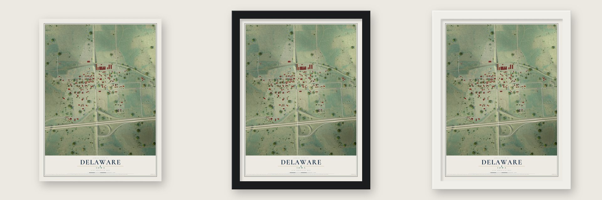 Delaware, Iowa map unframed, in a black wood frame and in a white wood frame