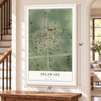 Delaware, Iowa map, 24 x 36 inch print in a white frame by a staircase