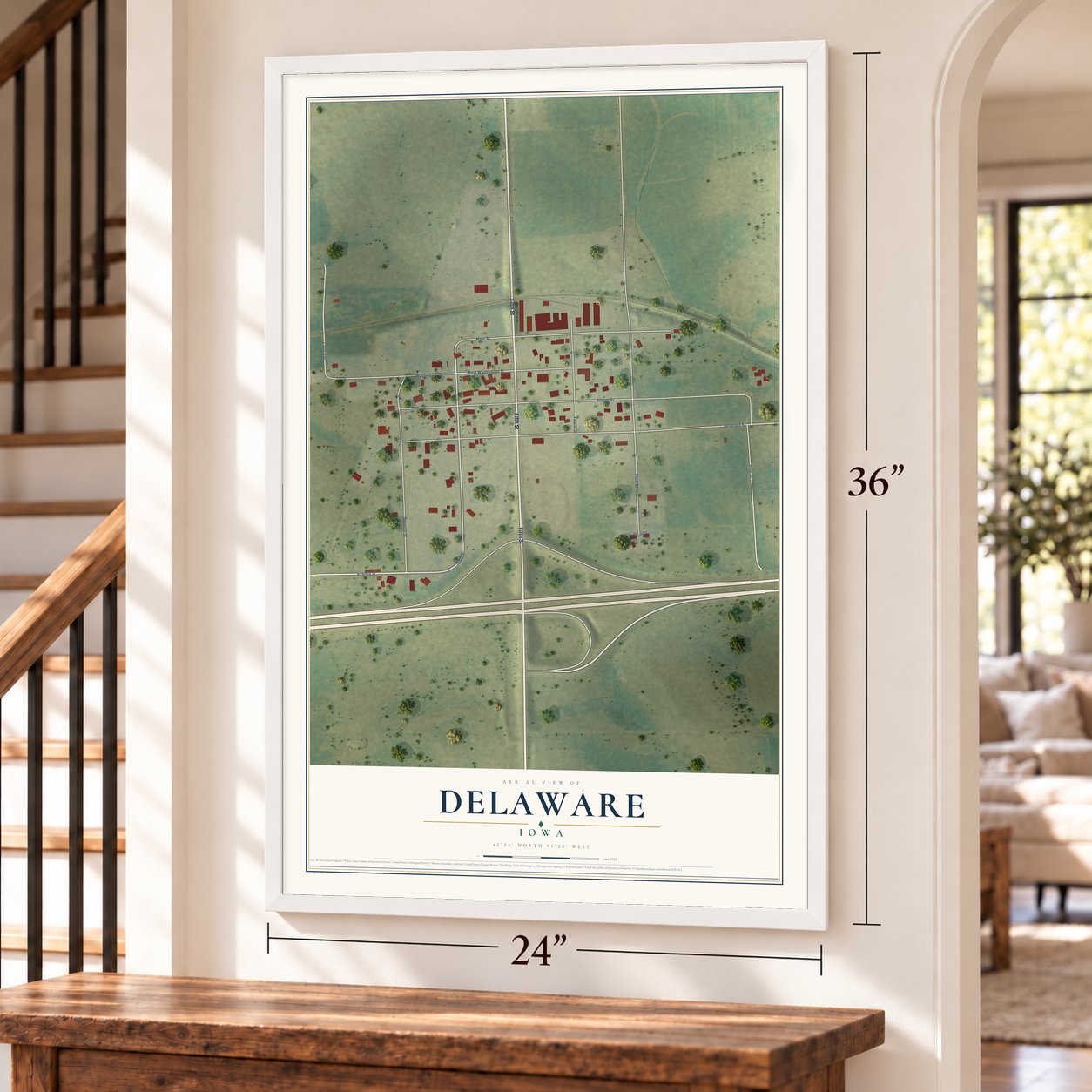 Delaware, Iowa map, 24 x 36 inch print in a white frame by a staircase