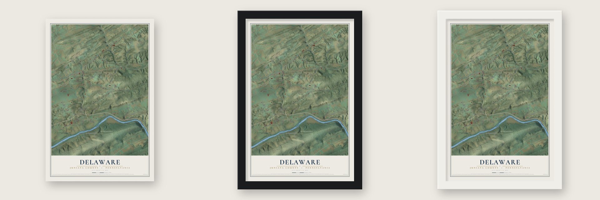 Delaware, Juniata County, Pennsylvania map unframed, in a black wood frame and in a white wood frame