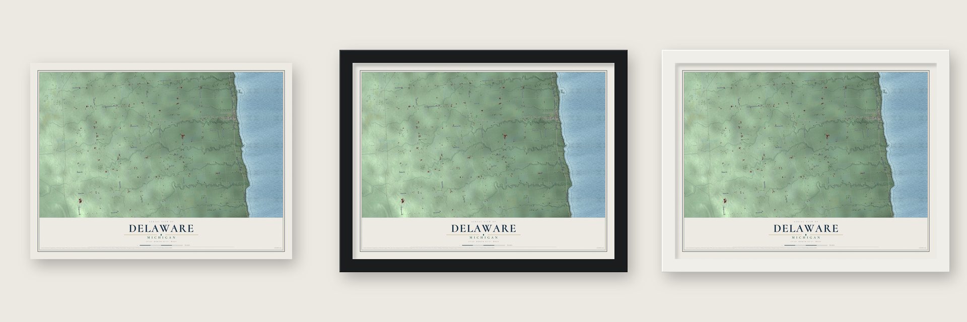 Delaware, Michigan map unframed, in a black wood frame and in a white wood frame