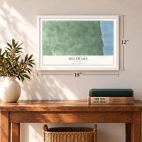 Delaware, Michigan map, 12 x 18 inch print in a white frame in an entryway