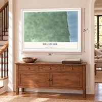 Delaware, Michigan map, 24 x 36 inch print in a white frame above a dresser by a staircase