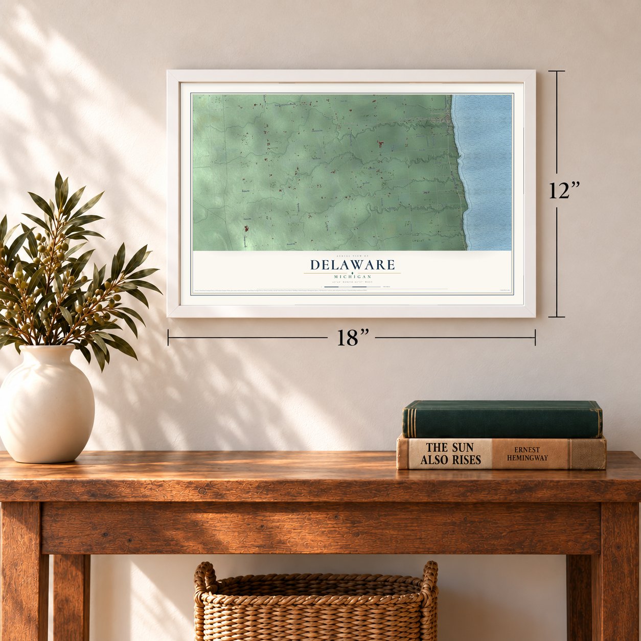 Delaware, Michigan map, 12 x 18 inch print in a white frame in an entryway