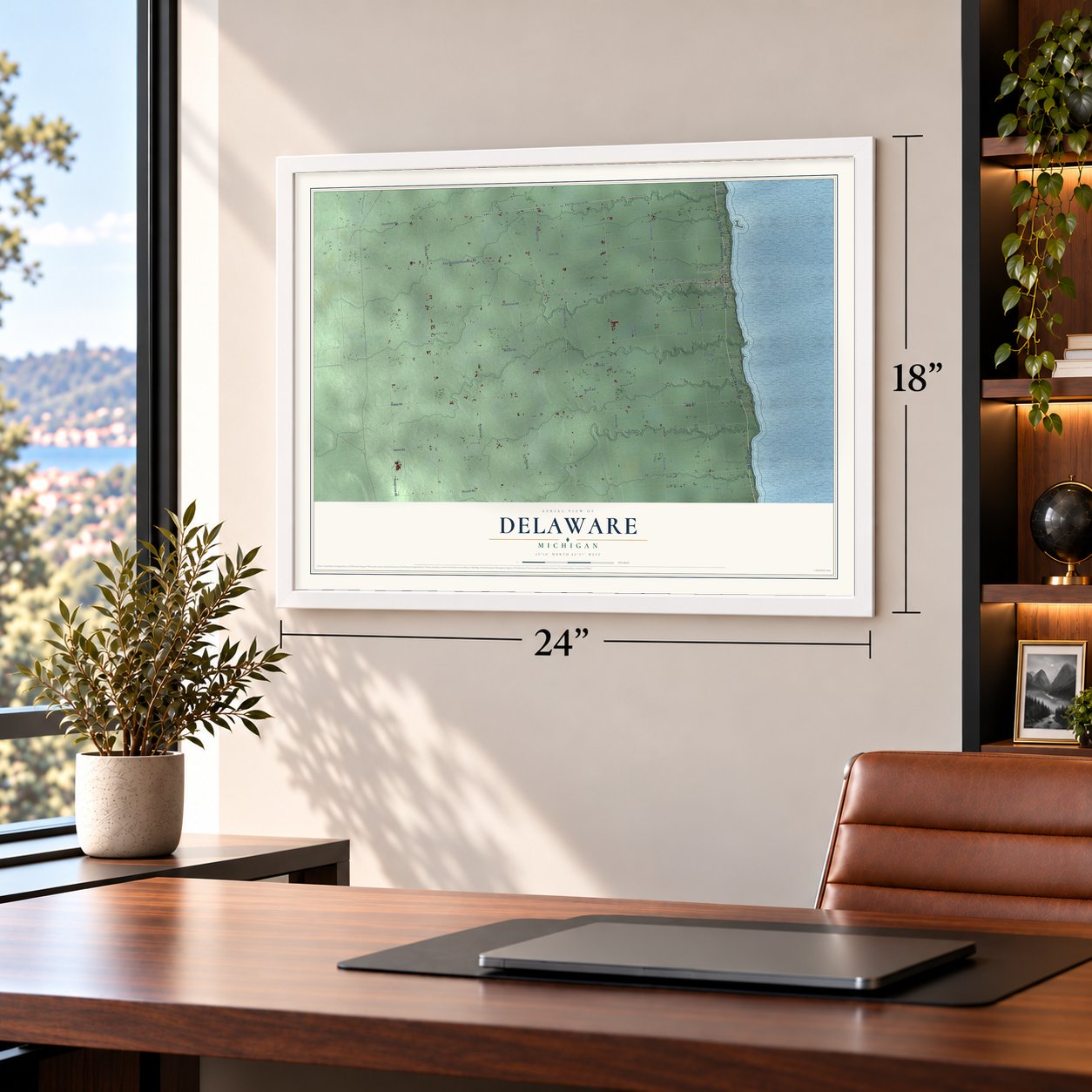 Delaware, Michigan map, 18 x 24 inch print in a white frame in a home office
