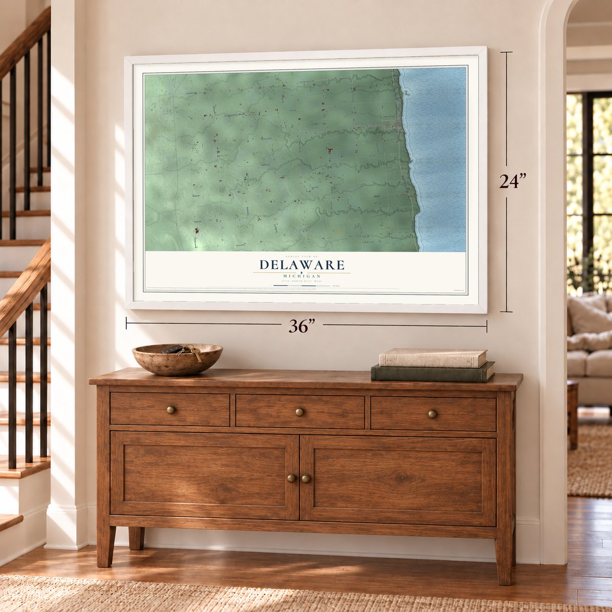 Delaware, Michigan map, 24 x 36 inch print in a white frame above a dresser by a staircase