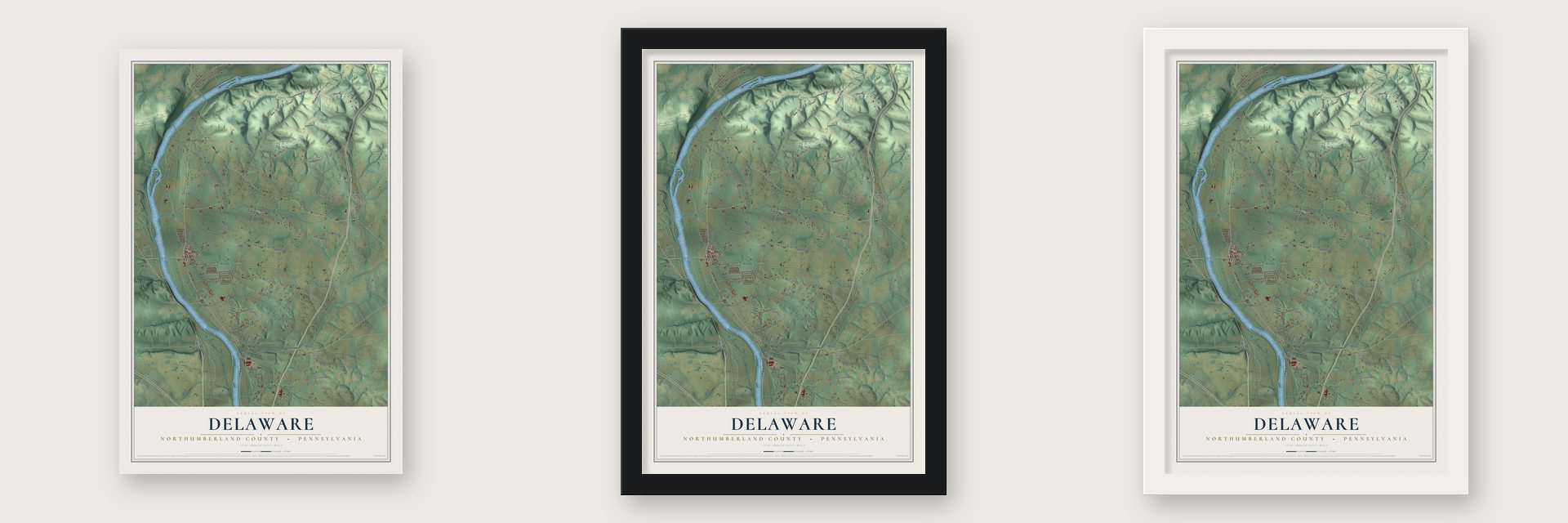Delaware, Northumberland County, Pennsylvania map unframed, in a black wood frame and in a white wood frame