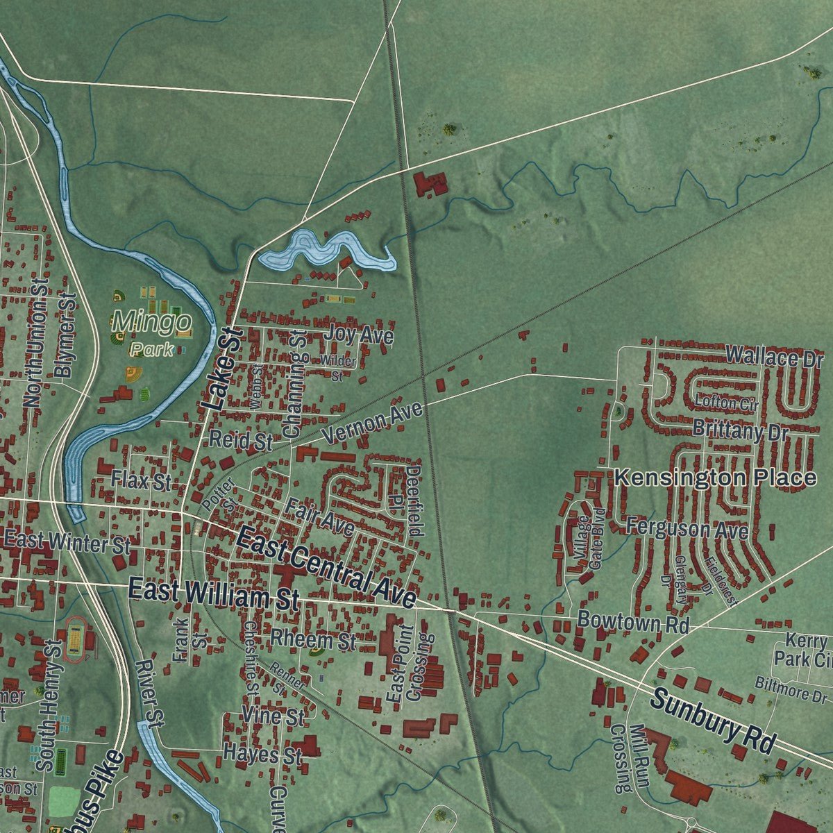 Second close-up of the map of Delaware, Ohio print showing more streets and buildings