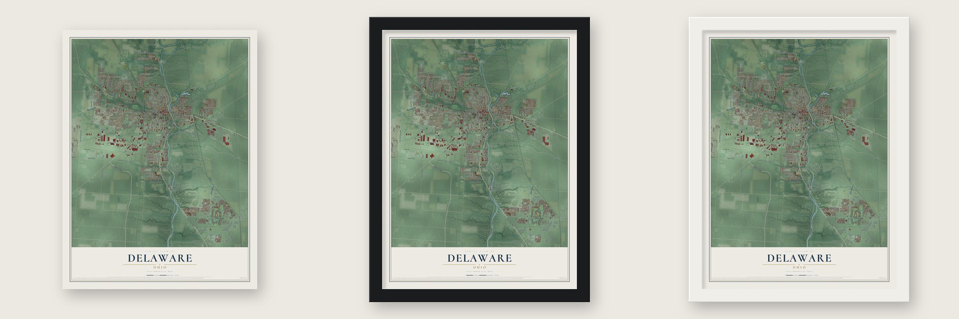 Delaware, Ohio map unframed, in a black wood frame and in a white wood frame