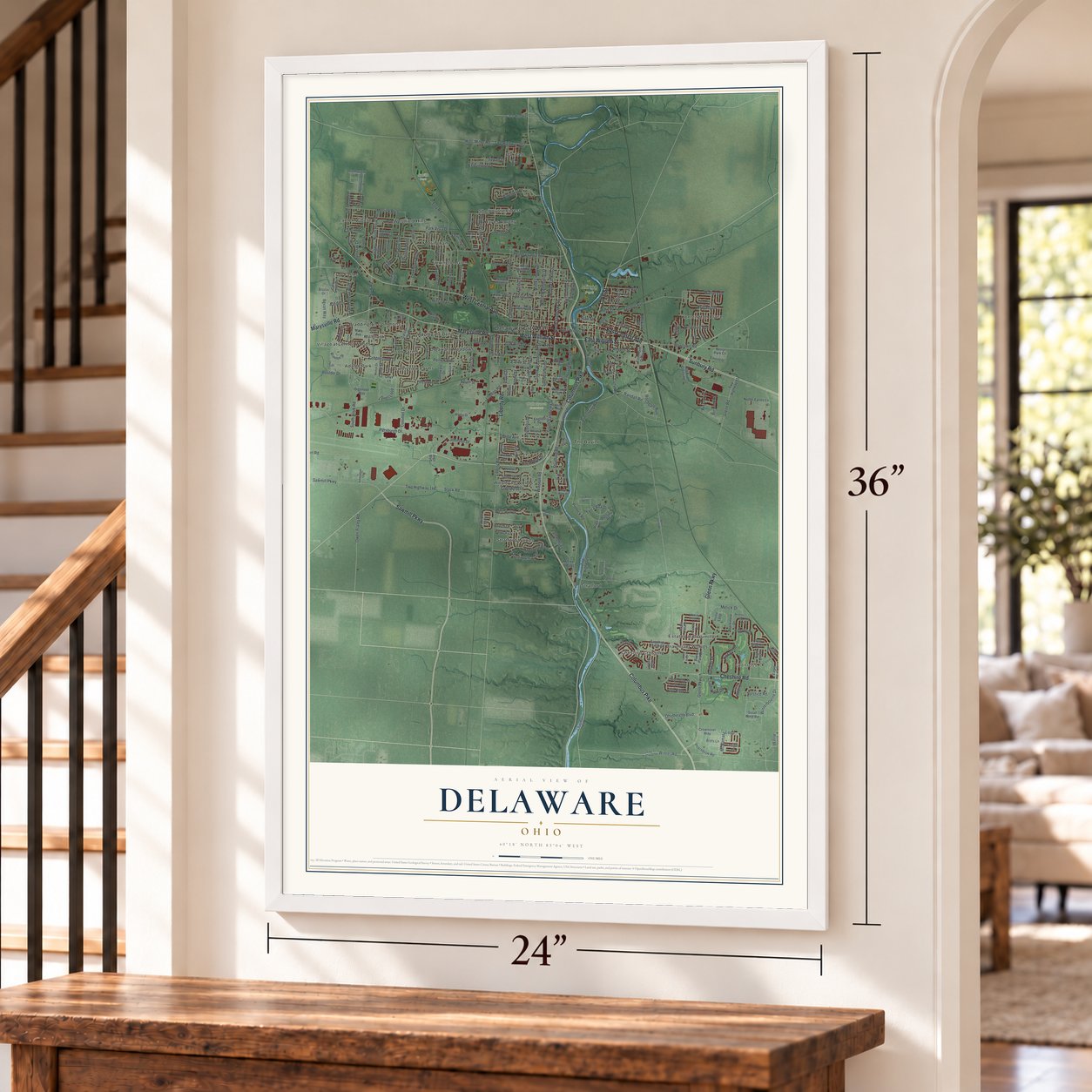 Delaware, Ohio map, 24 x 36 inch print in a white frame by a staircase