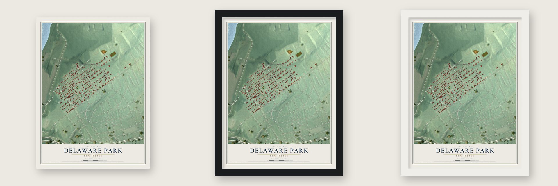 Delaware Park, New Jersey map unframed, in a black wood frame and in a white wood frame