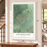 Delaware Park, New Jersey map, 24 x 36 inch print in a white frame by a staircase