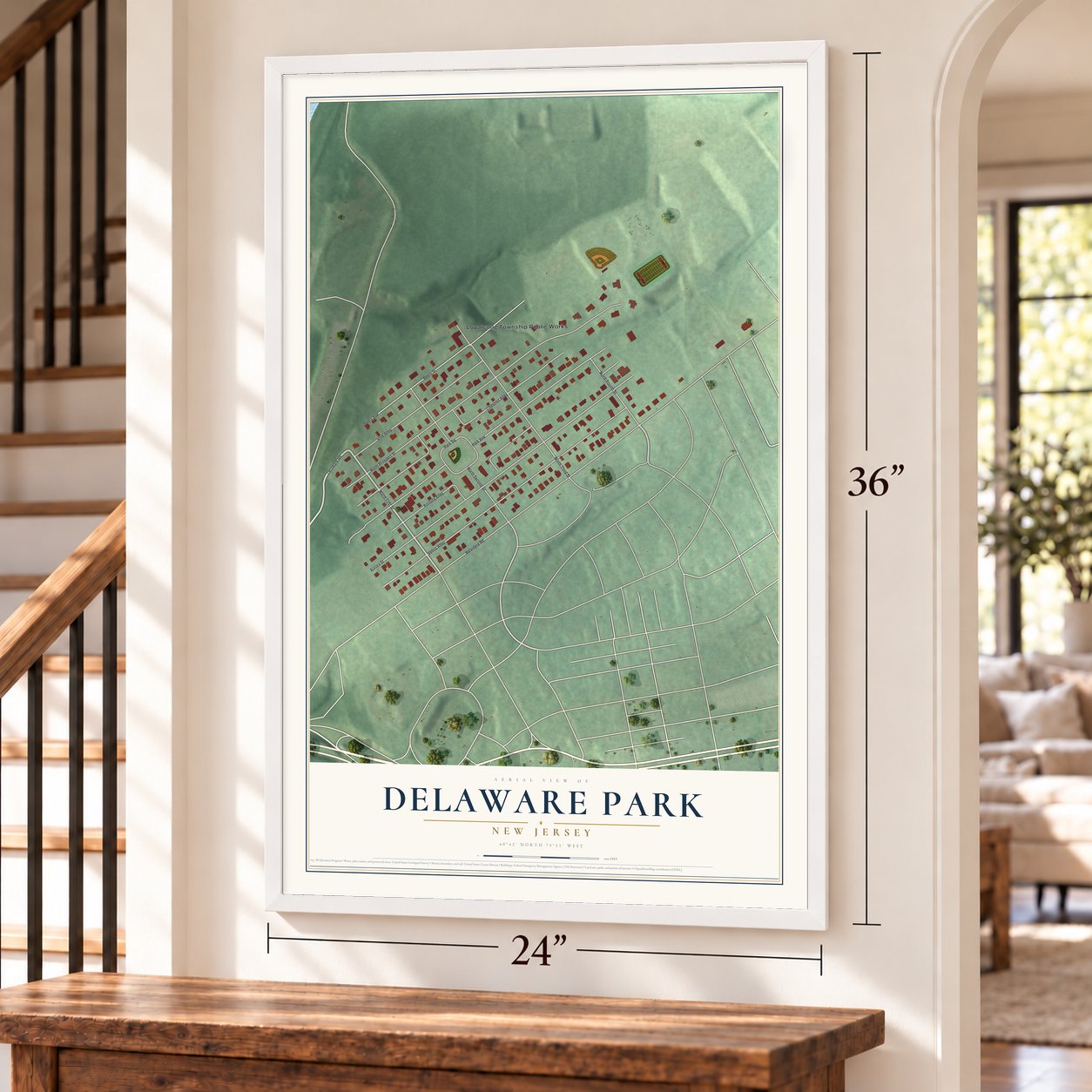 Delaware Park, New Jersey map, 24 x 36 inch print in a white frame by a staircase