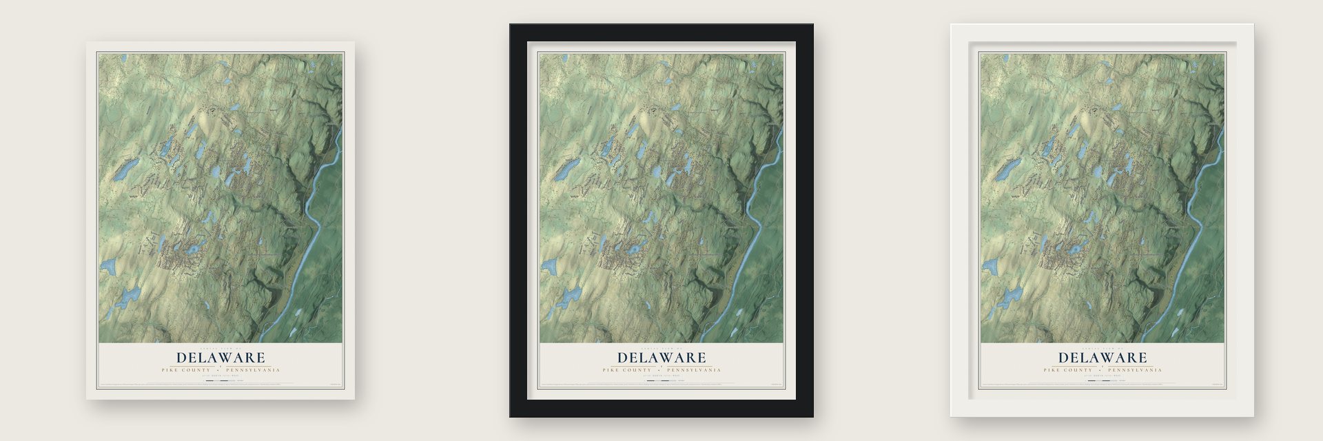 Delaware, Pike County, Pennsylvania map unframed, in a black wood frame and in a white wood frame