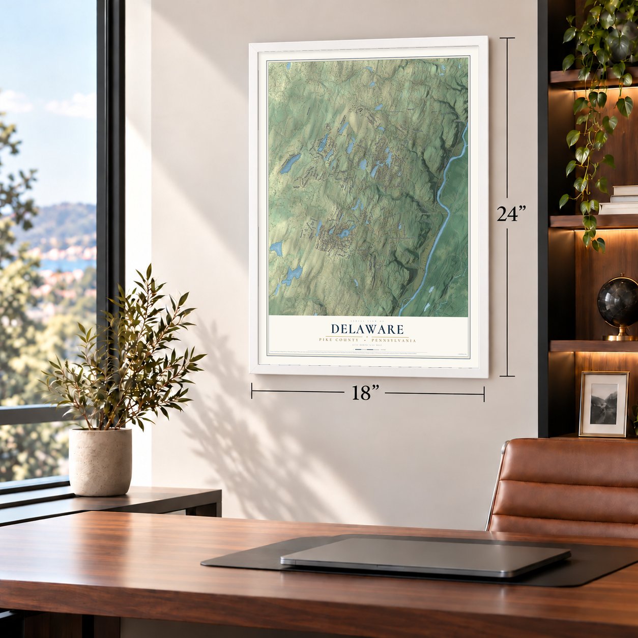 Delaware, Pike County, Pennsylvania map, 18 x 24 inch print in a white frame in a home office