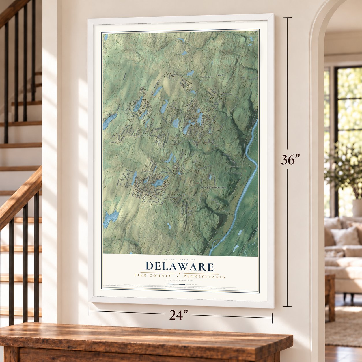 Delaware, Pike County, Pennsylvania map, 24 x 36 inch print in a white frame by a staircase