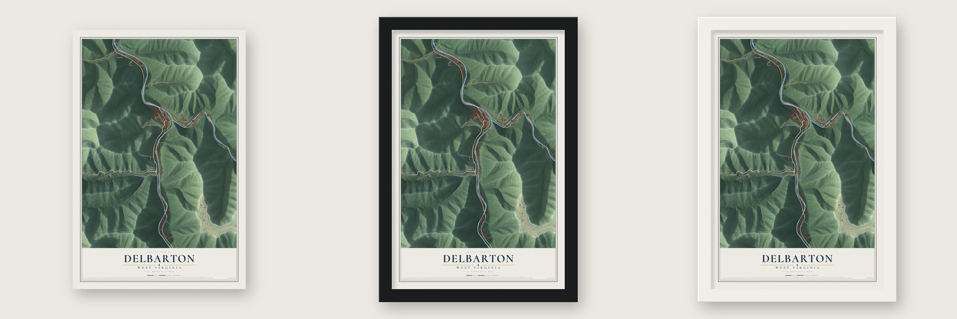 Delbarton, West Virginia map unframed, in a black wood frame and in a white wood frame