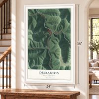 Delbarton, West Virginia map, 24 x 36 inch print in a white frame by a staircase