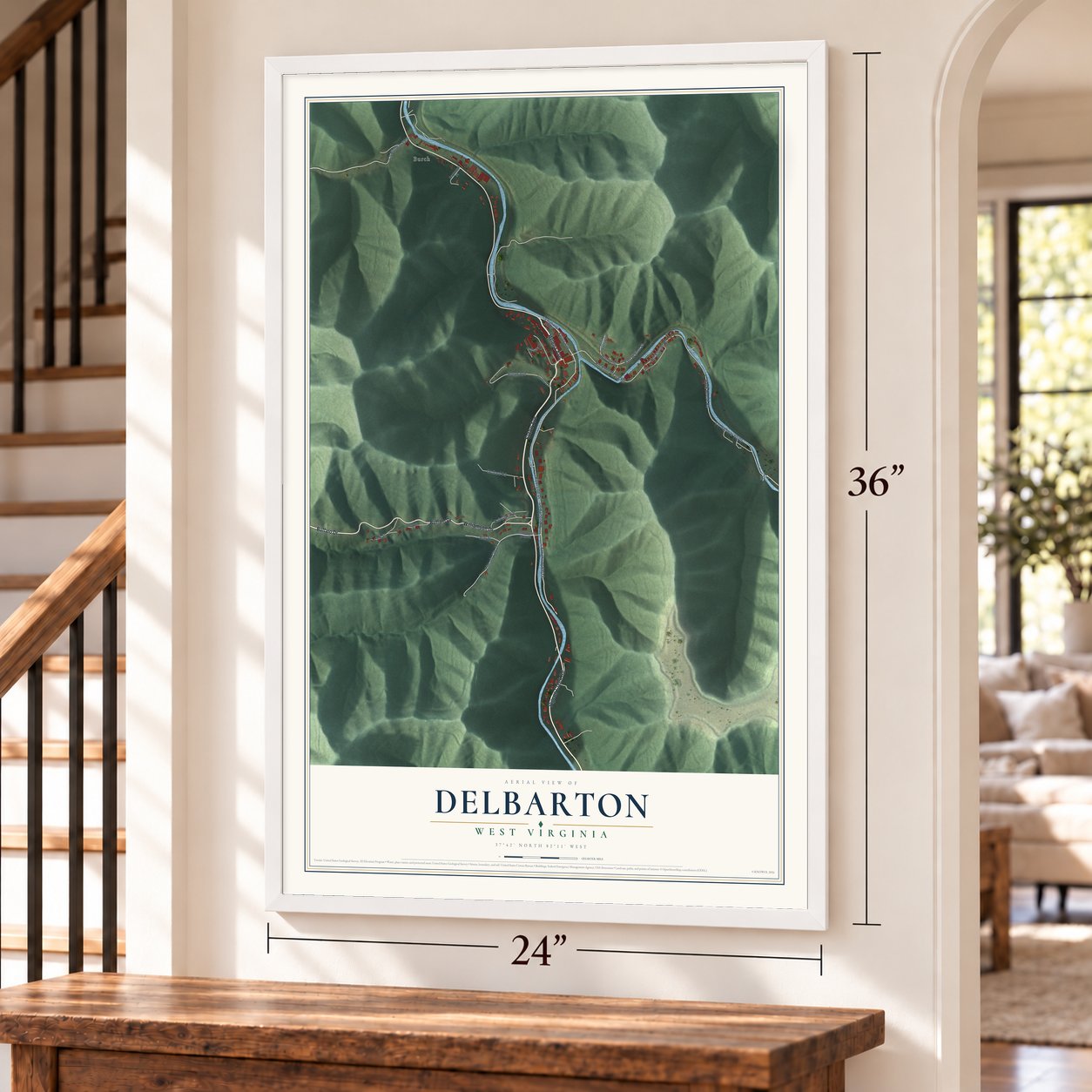 Delbarton, West Virginia map, 24 x 36 inch print in a white frame by a staircase