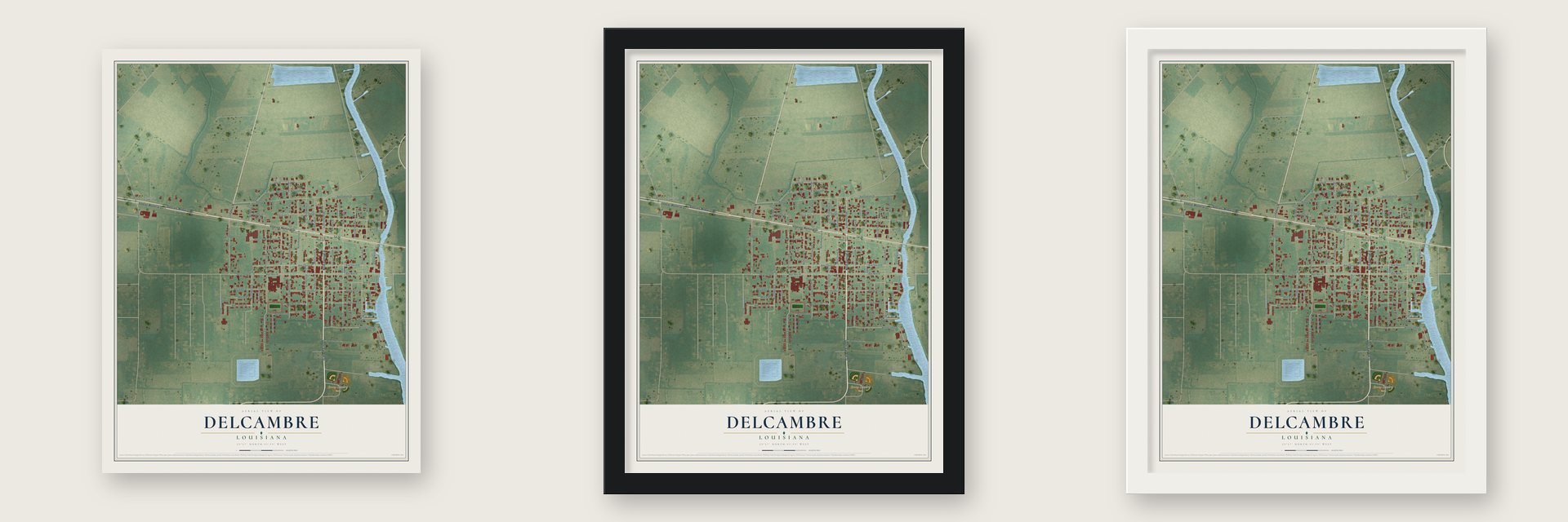 Delcambre, Louisiana map unframed, in a black wood frame and in a white wood frame