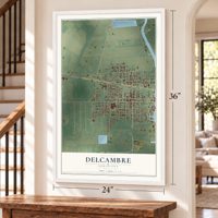 Delcambre, Louisiana map, 24 x 36 inch print in a white frame by a staircase