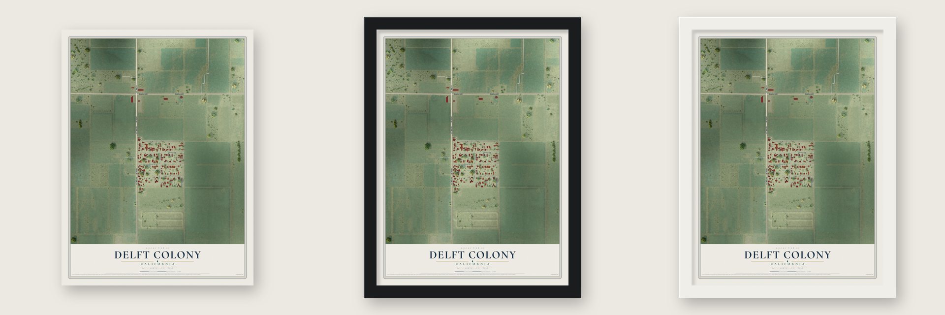 Delft Colony, California map unframed, in a black wood frame and in a white wood frame