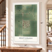 Delft Colony, California map, 24 x 36 inch print in a white frame by a staircase