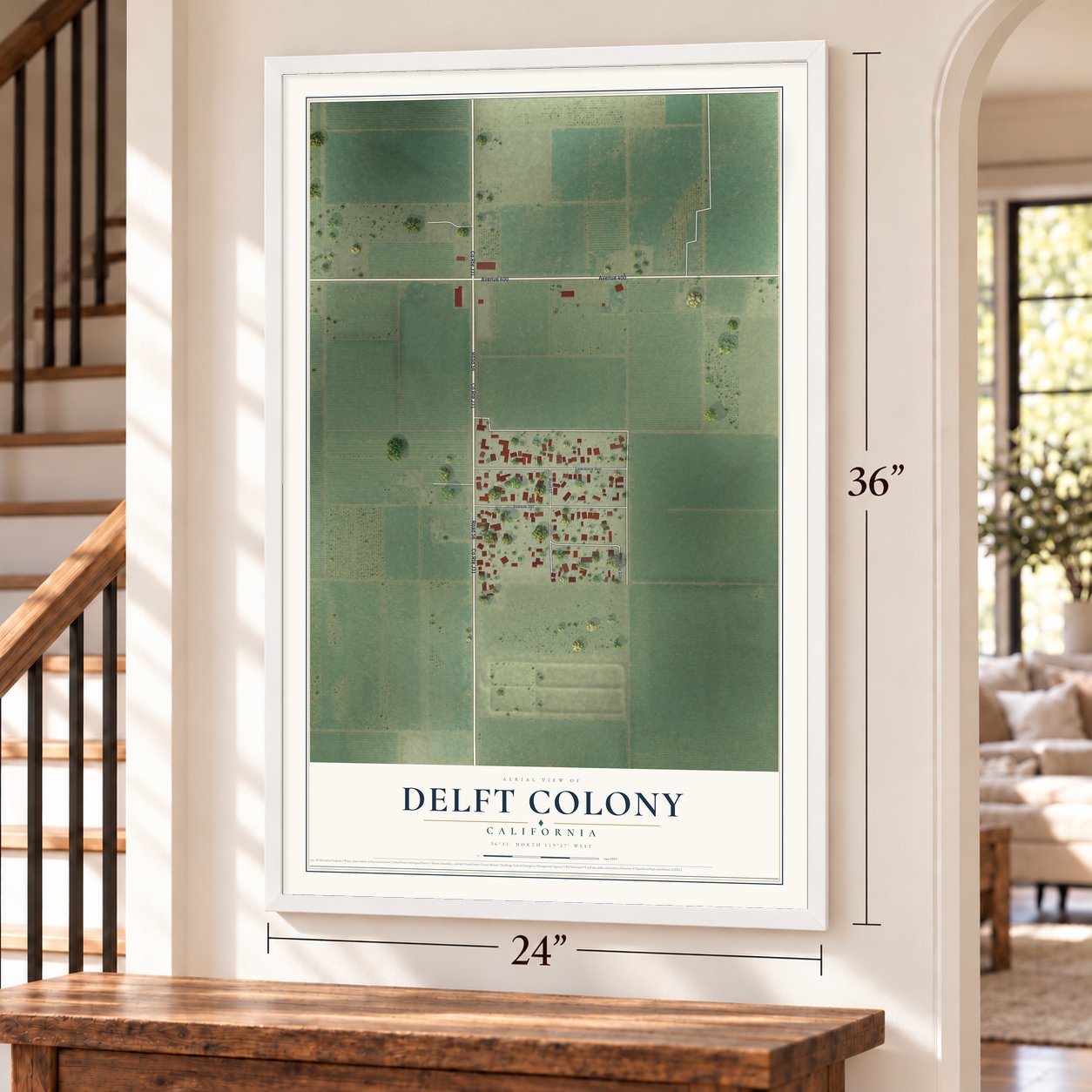 Delft Colony, California map, 24 x 36 inch print in a white frame by a staircase