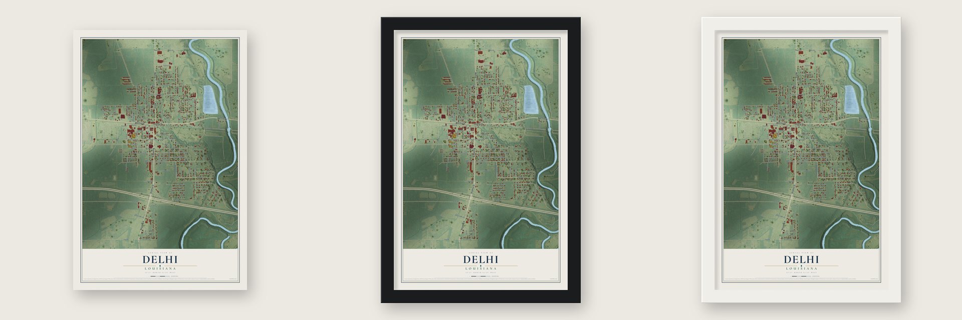 Delhi, Louisiana map unframed, in a black wood frame and in a white wood frame