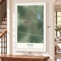 Delhi, Louisiana map, 24 x 36 inch print in a white frame by a staircase