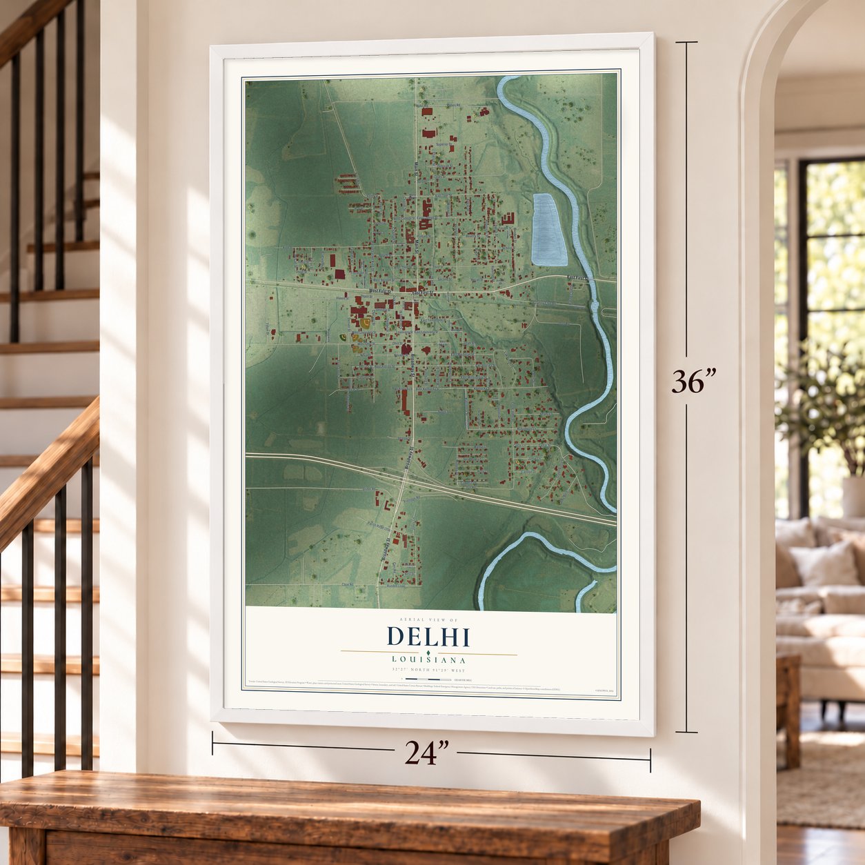 Delhi, Louisiana map, 24 x 36 inch print in a white frame by a staircase