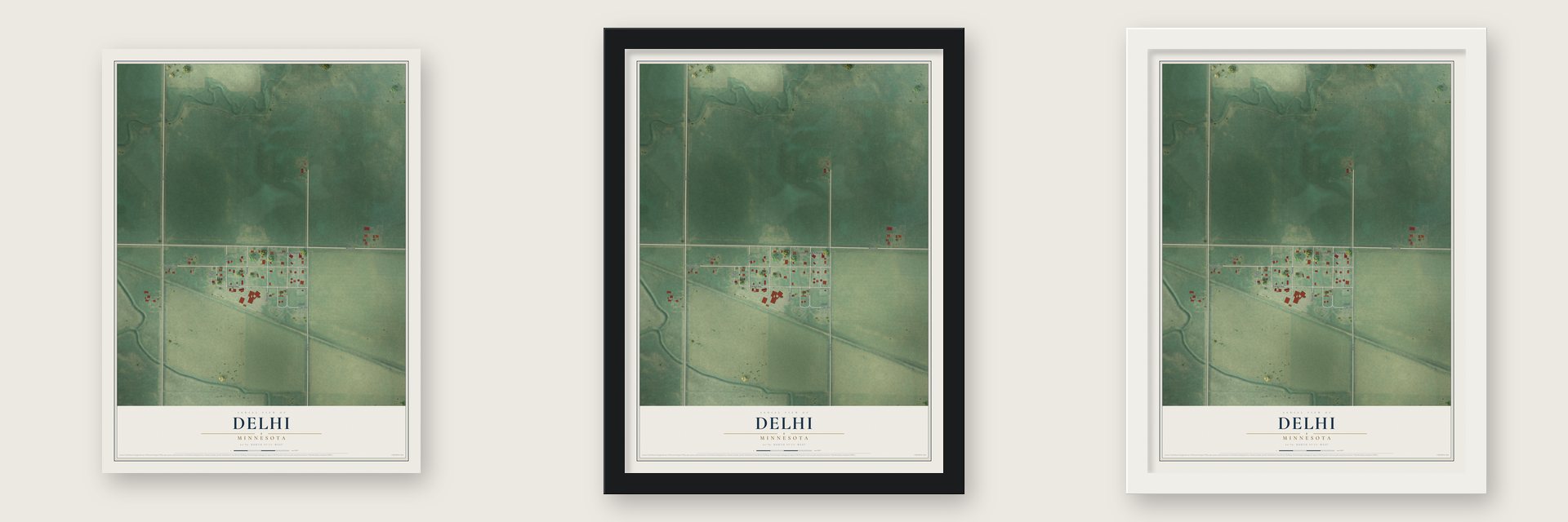 Delhi, Minnesota map unframed, in a black wood frame and in a white wood frame