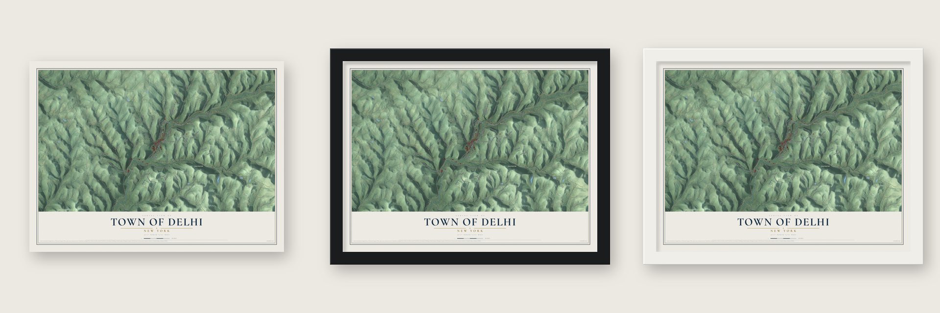 Town of Delhi, New York map unframed, in a black wood frame and in a white wood frame