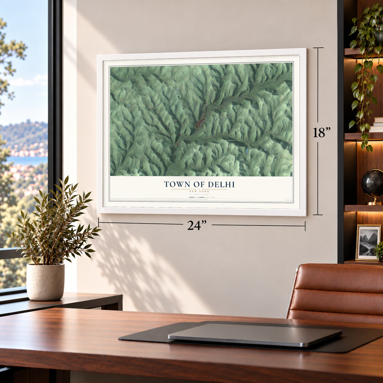 Town of Delhi, New York map, 18 x 24 inch print in a white frame in a home office