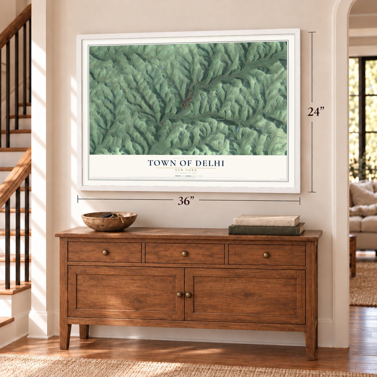 Town of Delhi, New York map, 24 x 36 inch print in a white frame above a dresser by a staircase