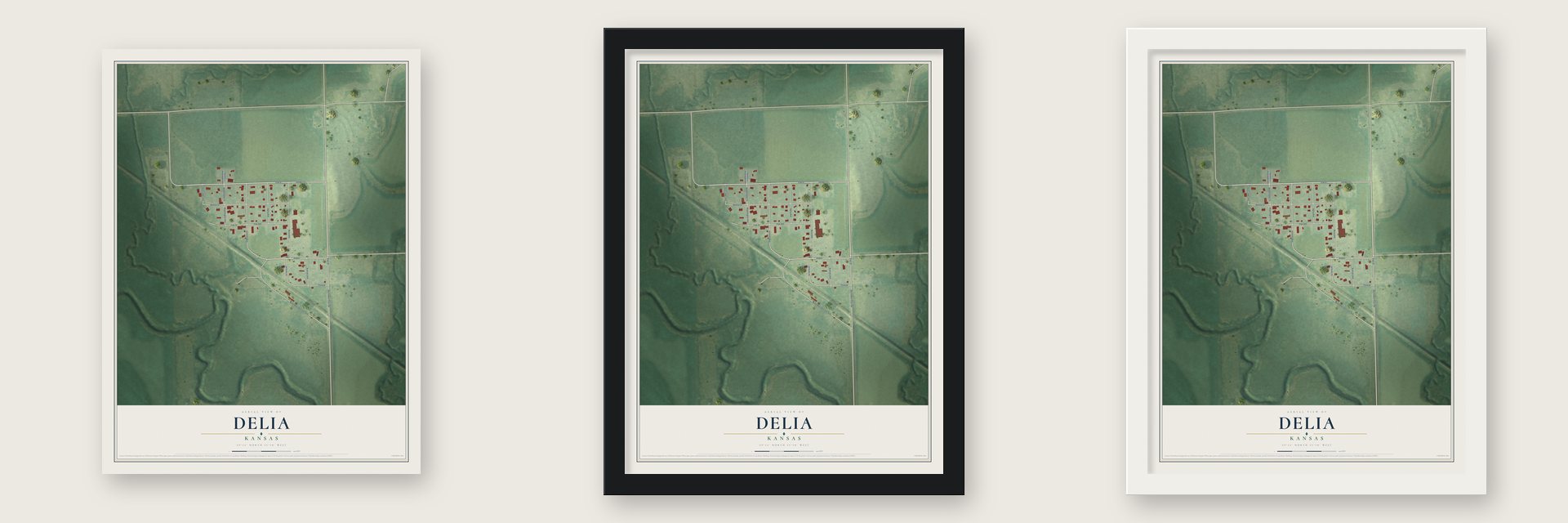 Delia, Kansas map unframed, in a black wood frame and in a white wood frame