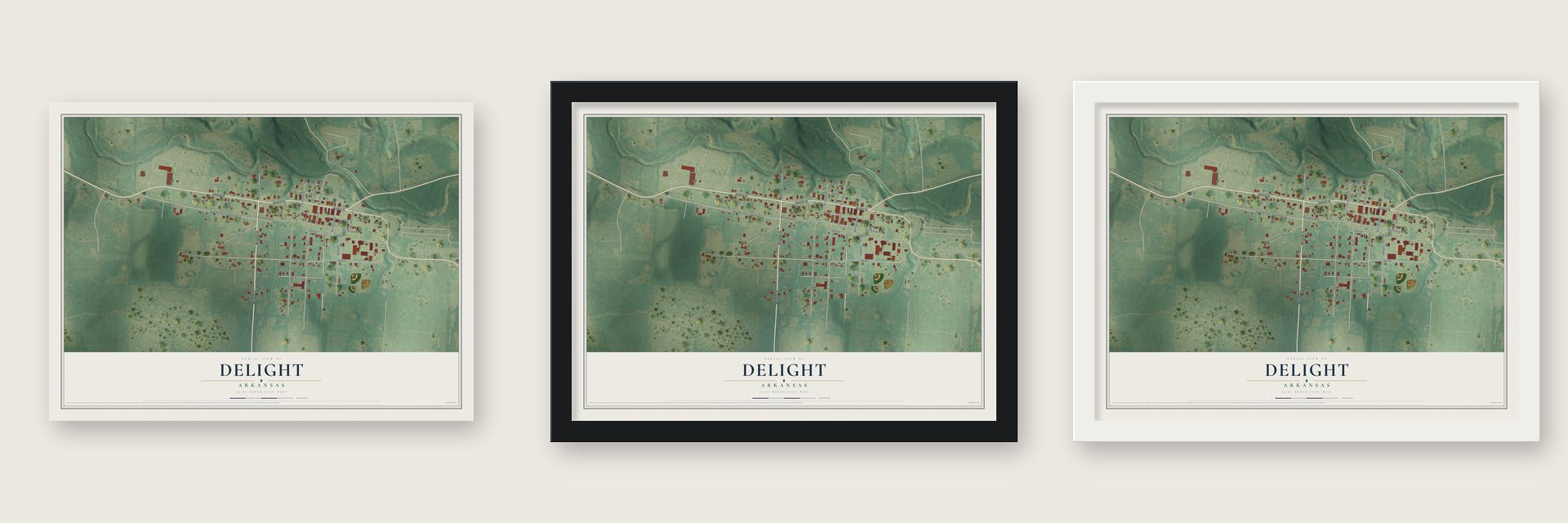 Delight, Arkansas map unframed, in a black wood frame and in a white wood frame