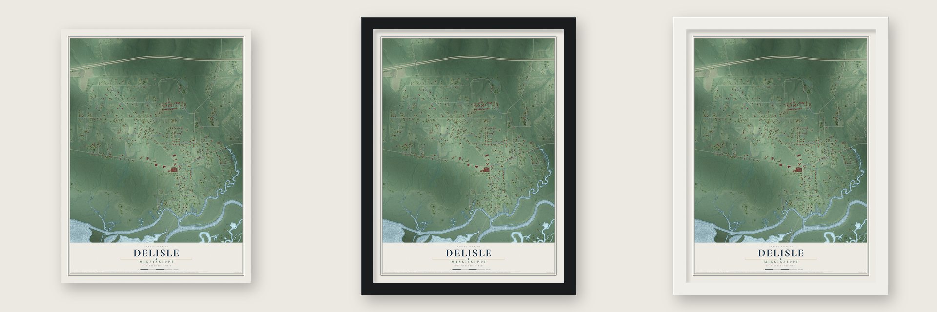 DeLisle, Mississippi map unframed, in a black wood frame and in a white wood frame
